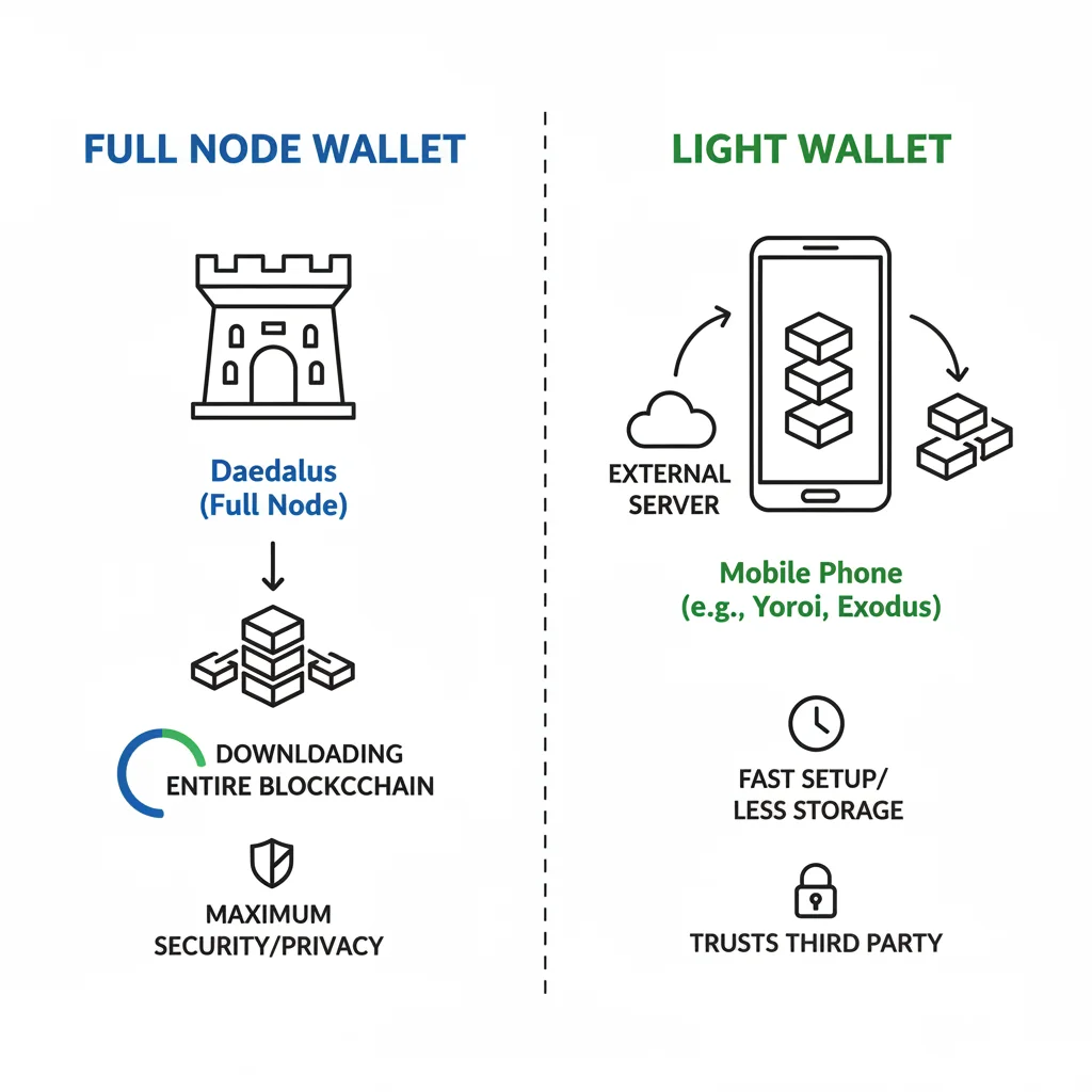 Diagrama comparativo mostrando a diferença entre uma carteira full-node como a Daedalus e uma carteira light.
