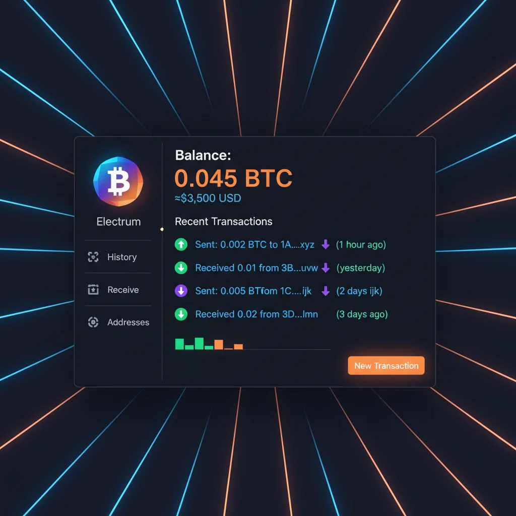 Interface da carteira Electrum exibindo o saldo de Bitcoin e o histórico de transações.