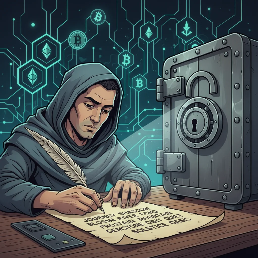 Ilustração de uma pessoa anotando sua frase de recuperação (seed phrase) em um papel para guardar em local seguro.