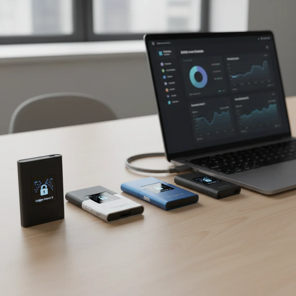 Exemplos de carteiras frias, como Ledger e Trezor, sobre uma mesa.