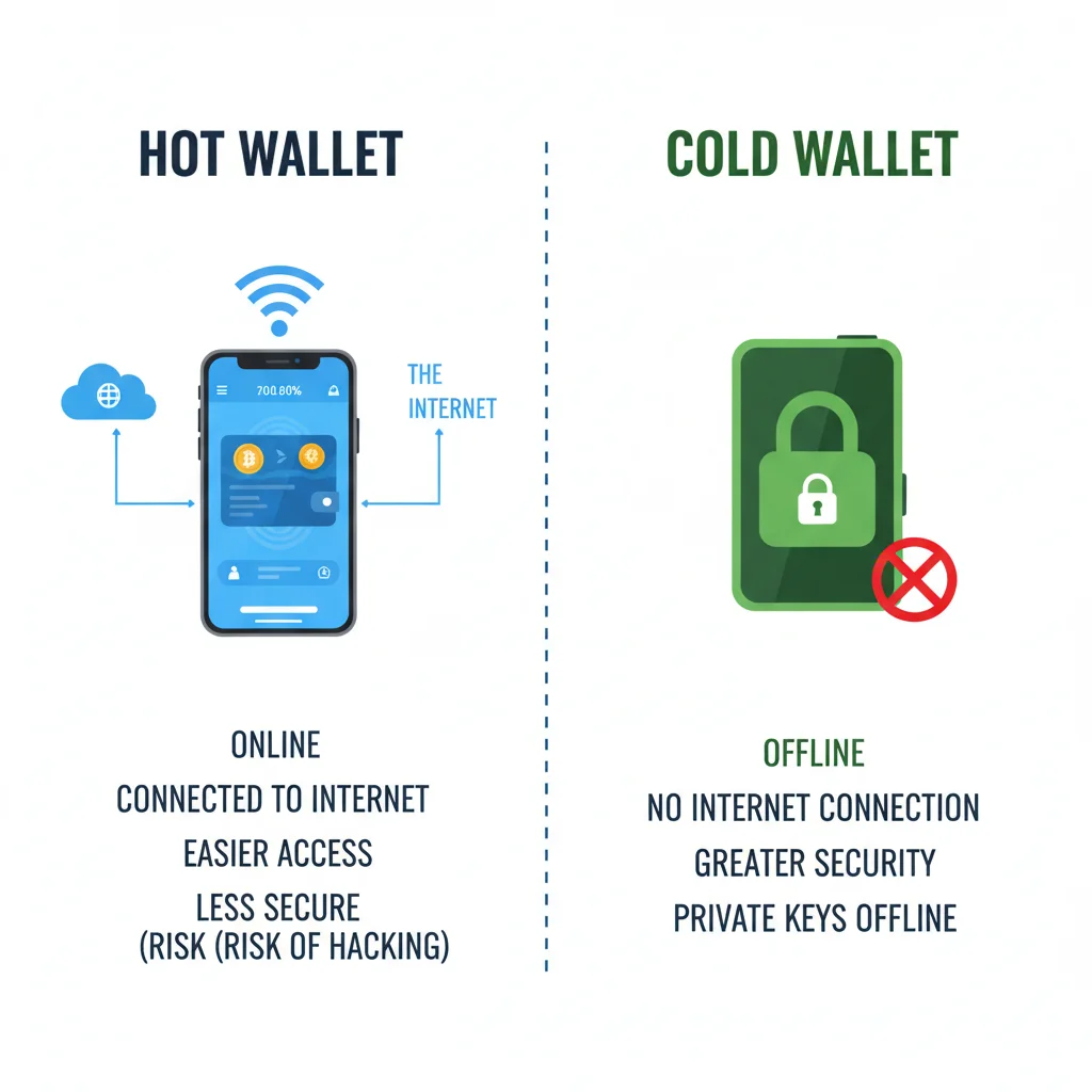 Infográfico comparando uma carteira quente (online) e uma carteira fria (offline).