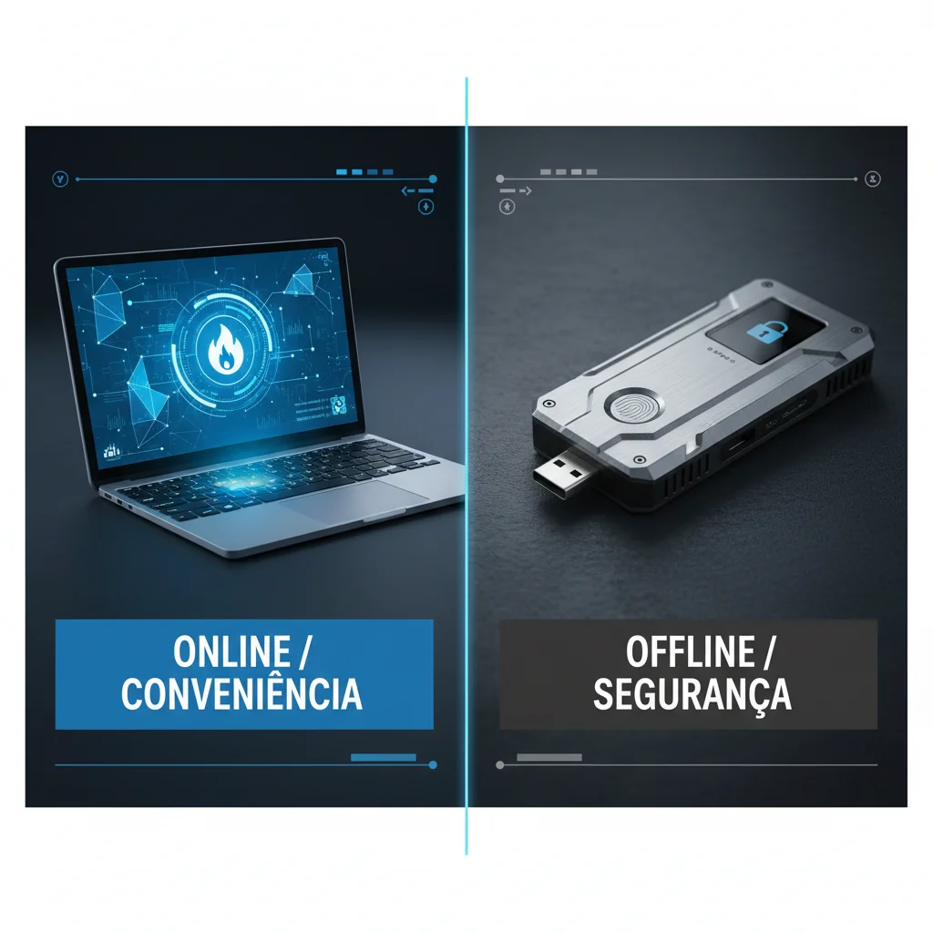 Comparativo visual entre uma carteira quente online e uma carteira fria offline.