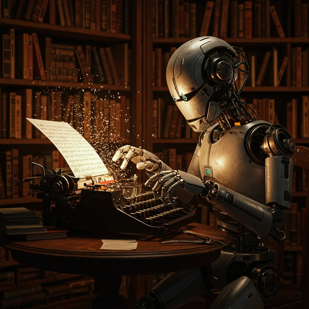 Robô futurista escrevendo em uma máquina de escrever antiga, representando a Geração de Linguagem Natural.
