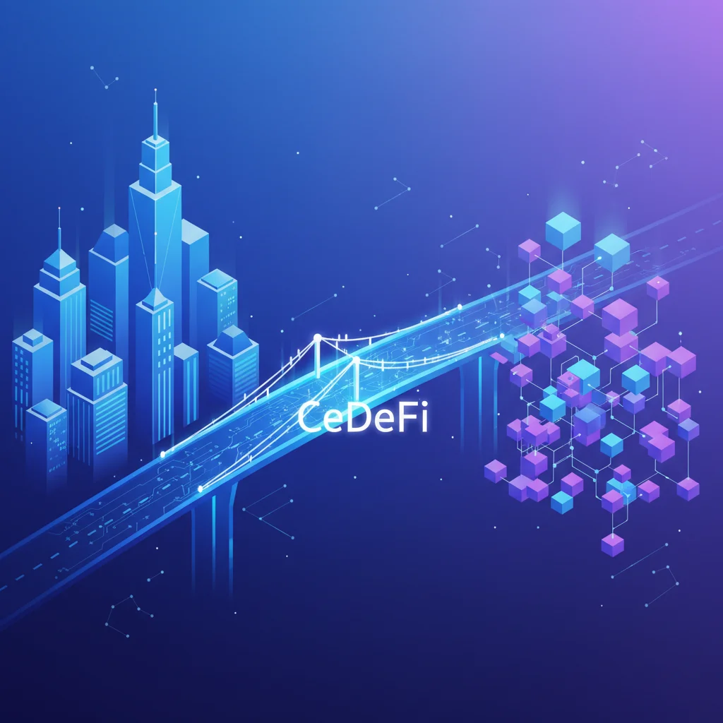 Infográfico mostrando uma ponte chamada CeDeFi que conecta o mundo das finanças centralizadas (CeFi) com o das finanças descentralizadas (DeFi).