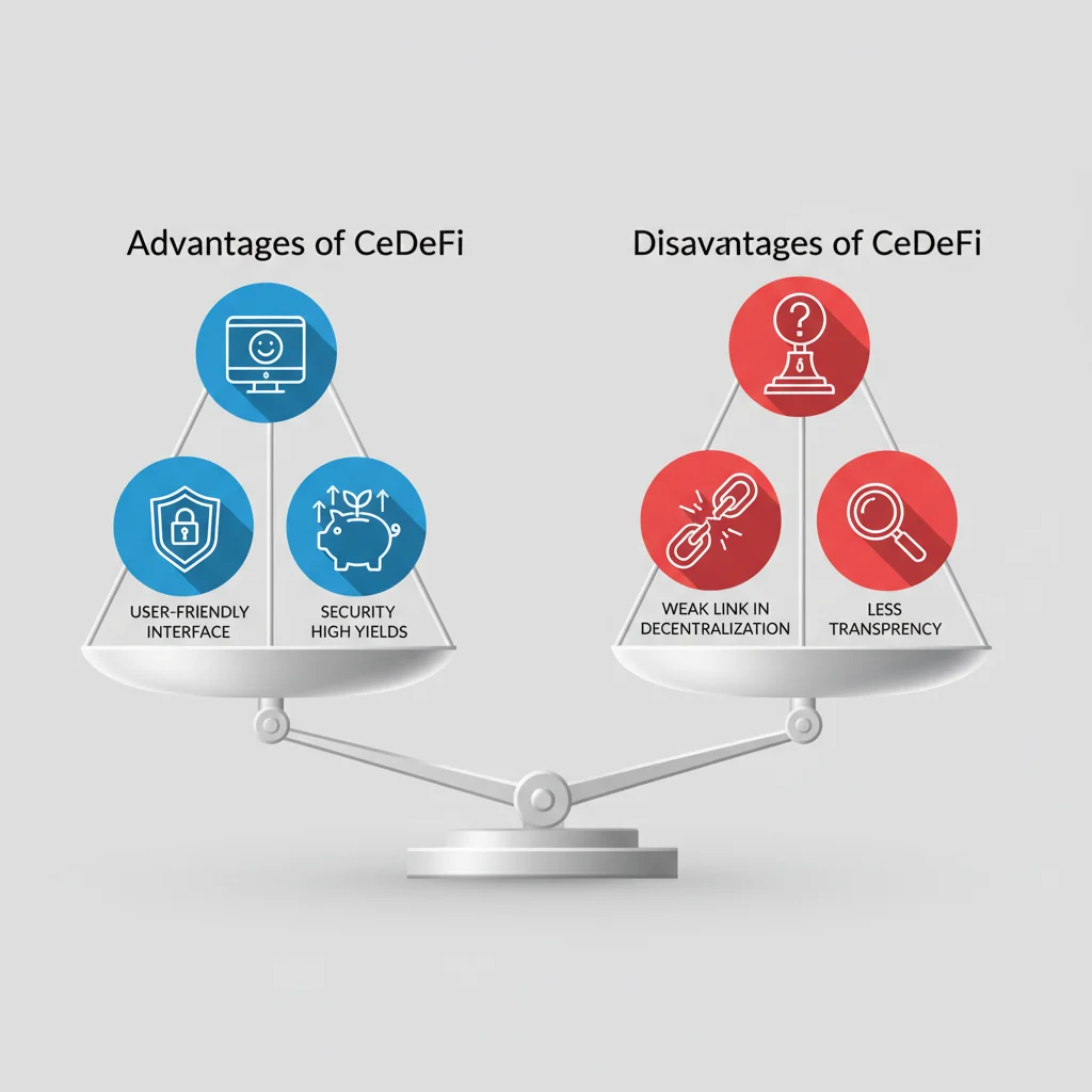 Balança equilibrando as vantagens e desvantagens do CeDeFi, como usabilidade e risco de centralização.