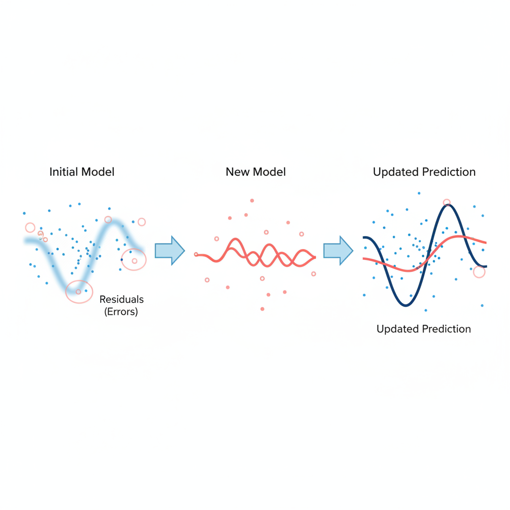 Infográfico didático ilustrando o funcionamento do Gradient Boosting, onde um novo modelo é treinado para corrigir os erros do modelo anterior, melhorando a previsão final.