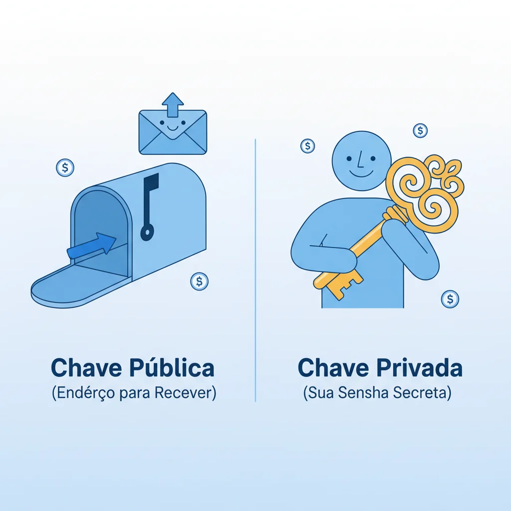 Infográfico explicando a diferença entre chave pública (endereço da caixa de correio) e chave privada (a chave que abre a caixa).