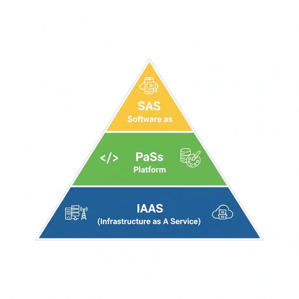 Diagrama em pirâmide mostrando os modelos de serviço da nuvem: IaaS, PaaS e SaaS.