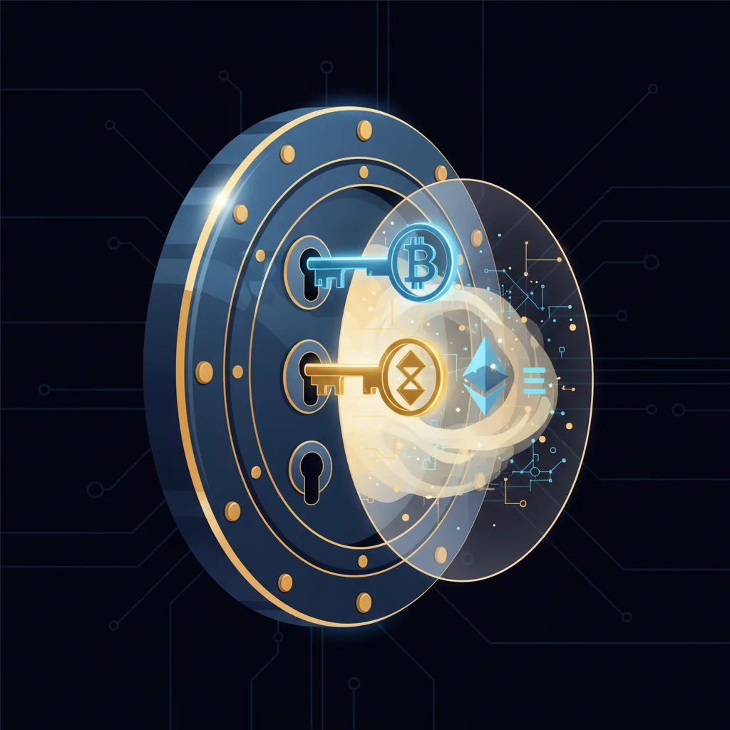 Ilustração de um cofre digital com três fechaduras, representando uma carteira multisig 2-de-3.