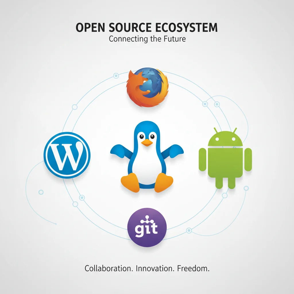 Logotipos de projetos famosos de código aberto, como Linux, Android e WordPress.