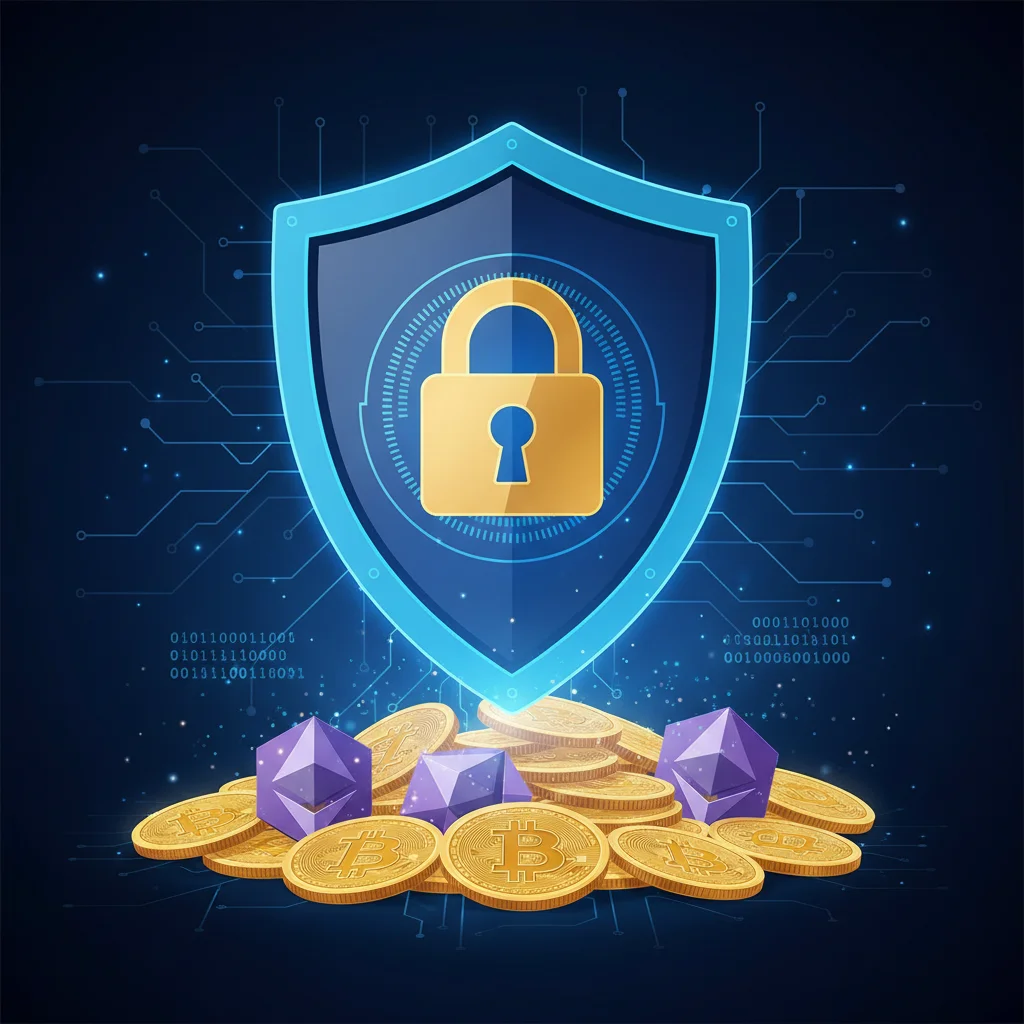 Escudo digital protegendo criptomoedas, simbolizando a segurança da Coinbase.