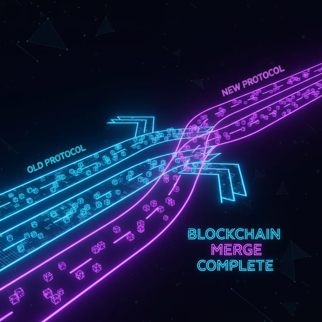 Ilustração do funcionamento do Combinador de Hard Fork, mostrando uma transição suave entre dois protocolos de blockchain.