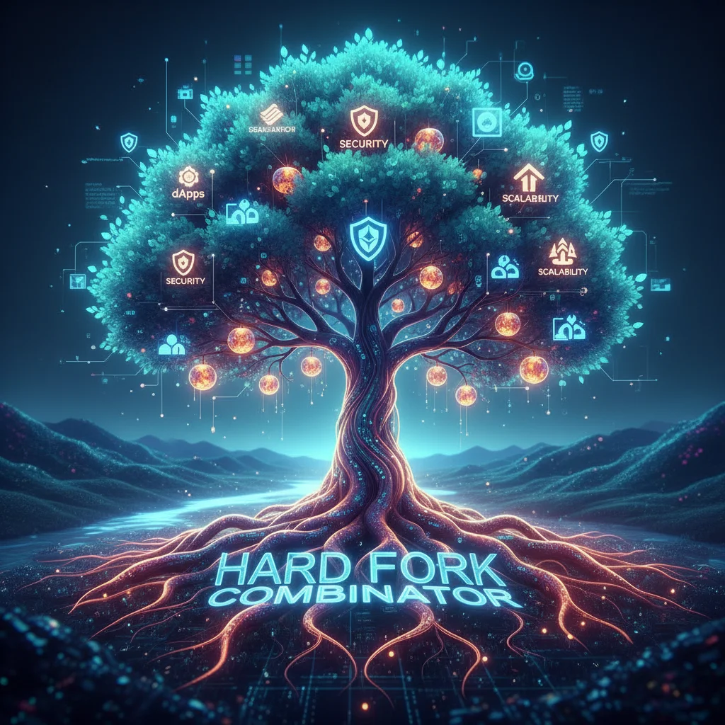 Arte conceitual mostrando uma árvore digital forte crescendo, simbolizando a estabilidade e o crescimento proporcionados pelo Hard Fork Combinator.