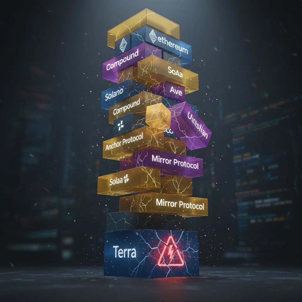 Torre de blocos digitais prestes a desmoronar, simbolizando o risco sistêmico no DeFi Composto.