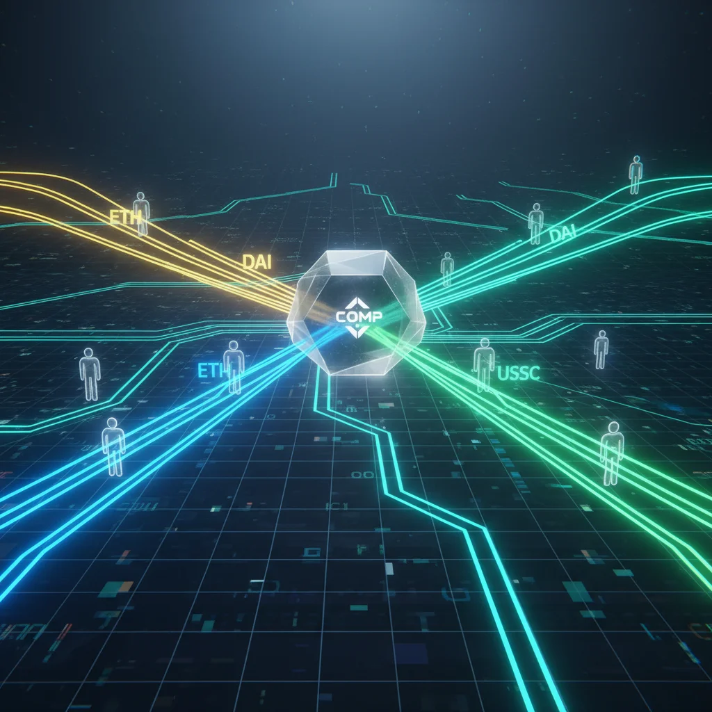 Ilustração futurista do protocolo de finanças descentralizadas Compound (COMP), mostrando diferentes criptomoedas sendo depositadas em um cofre digital central e gerando juros, simbolizando o rendimento passivo.