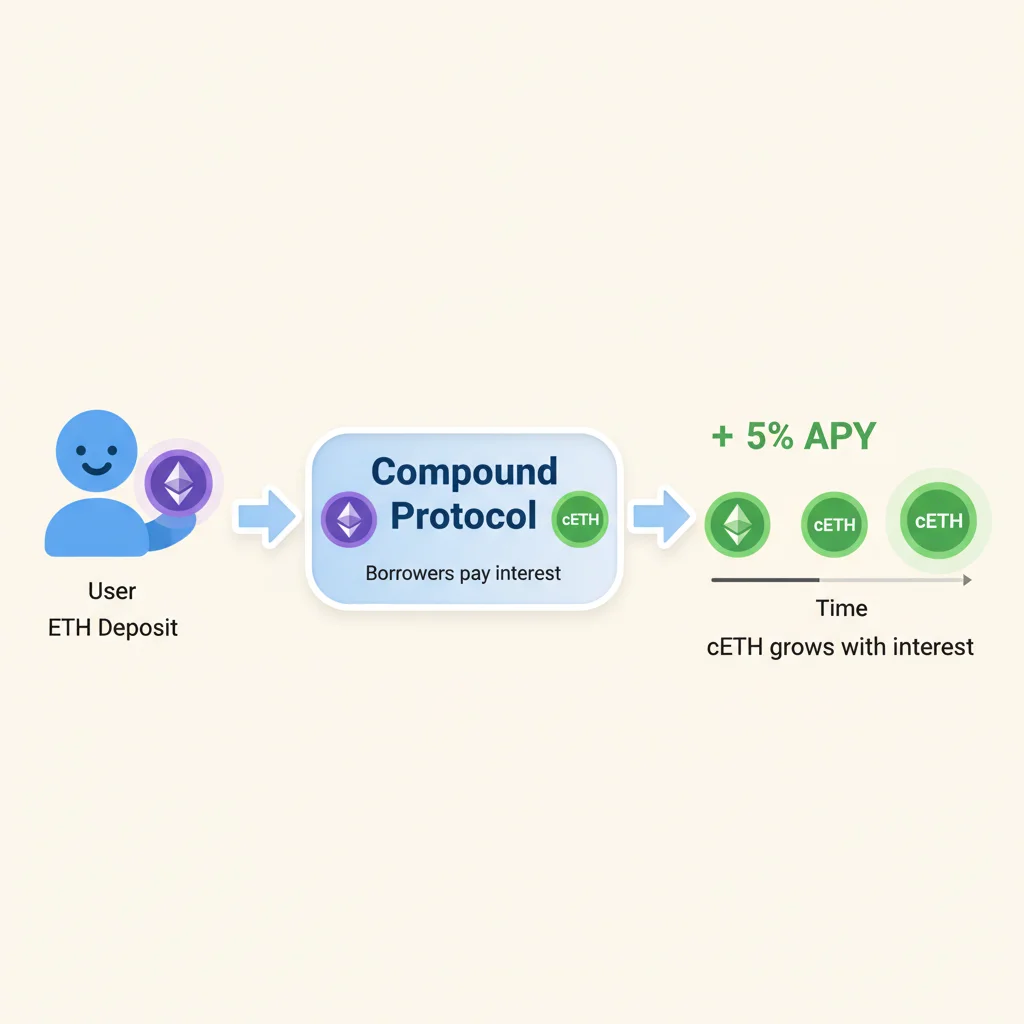 Diagrama simplificado mostrando um usuário depositando Ethereum (ETH) na plataforma e recebendo o cToken (cETH) em troca, que representa o depósito e acumula juros.