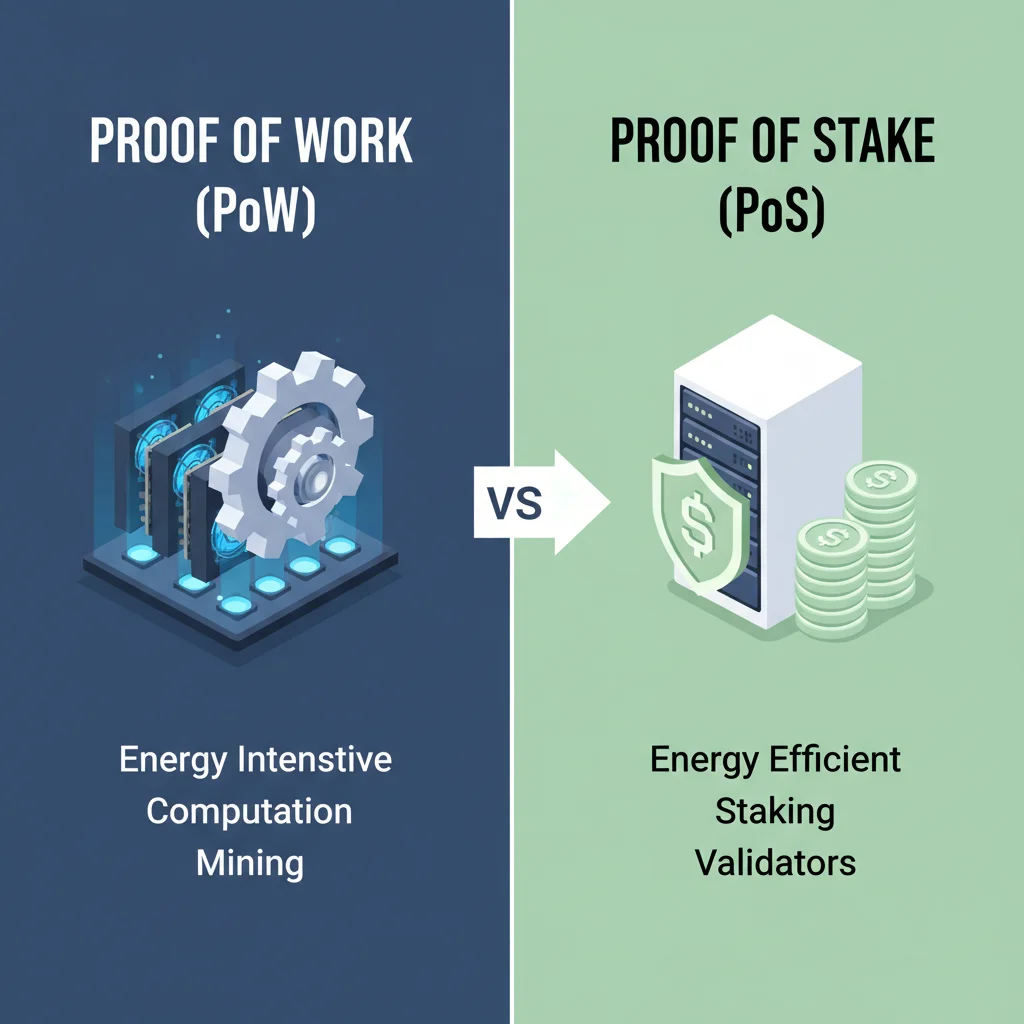 Infográfico comparando os mecanismos de consenso Proof of Work (PoW) e Proof of Stake (PoS).