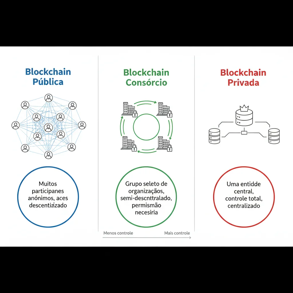 Infográfico comparando blockchain pública, de consórcio e privada, mostrando as diferenças na estrutura de nós e controle.