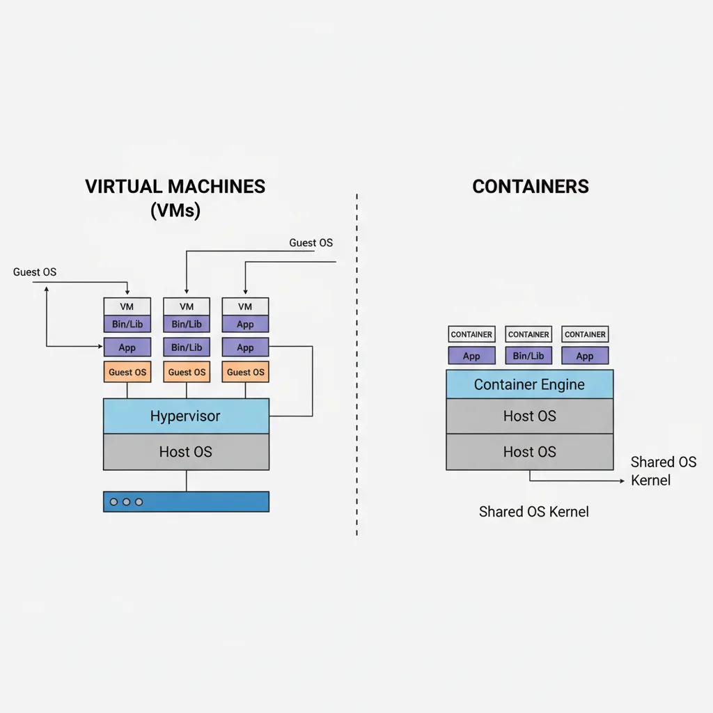 Diagrama comparativo mostrando a arquitetura de Máquinas Virtuais (VMs) de um lado e Contêineres do outro, destacando a eficiência dos contêineres.