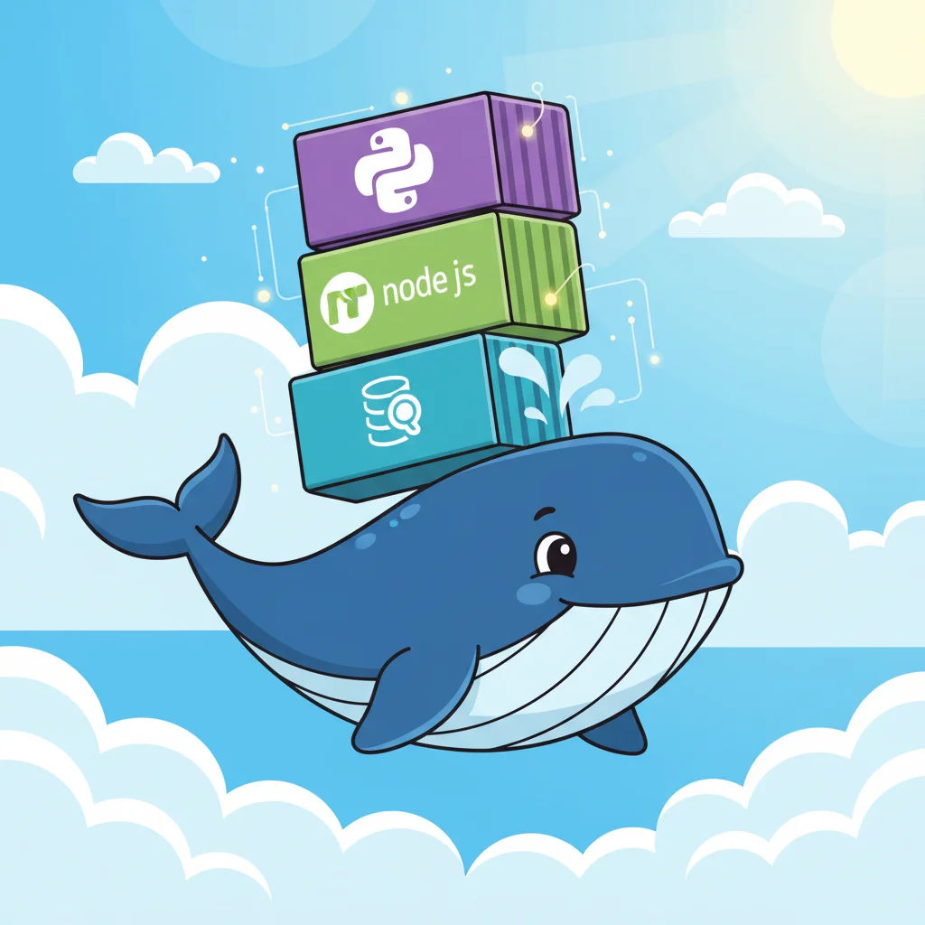 Ilustração do mascote do Docker, uma baleia azul, carregando contêineres de software em suas costas, simbolizando a portabilidade.