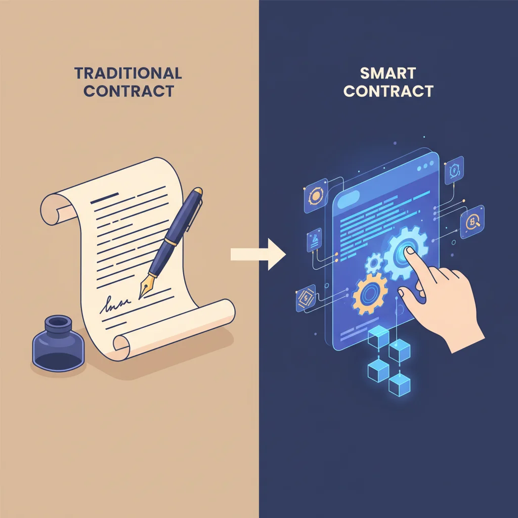 Infográfico comparando um contrato tradicional em papel com um contrato inteligente digital na blockchain.