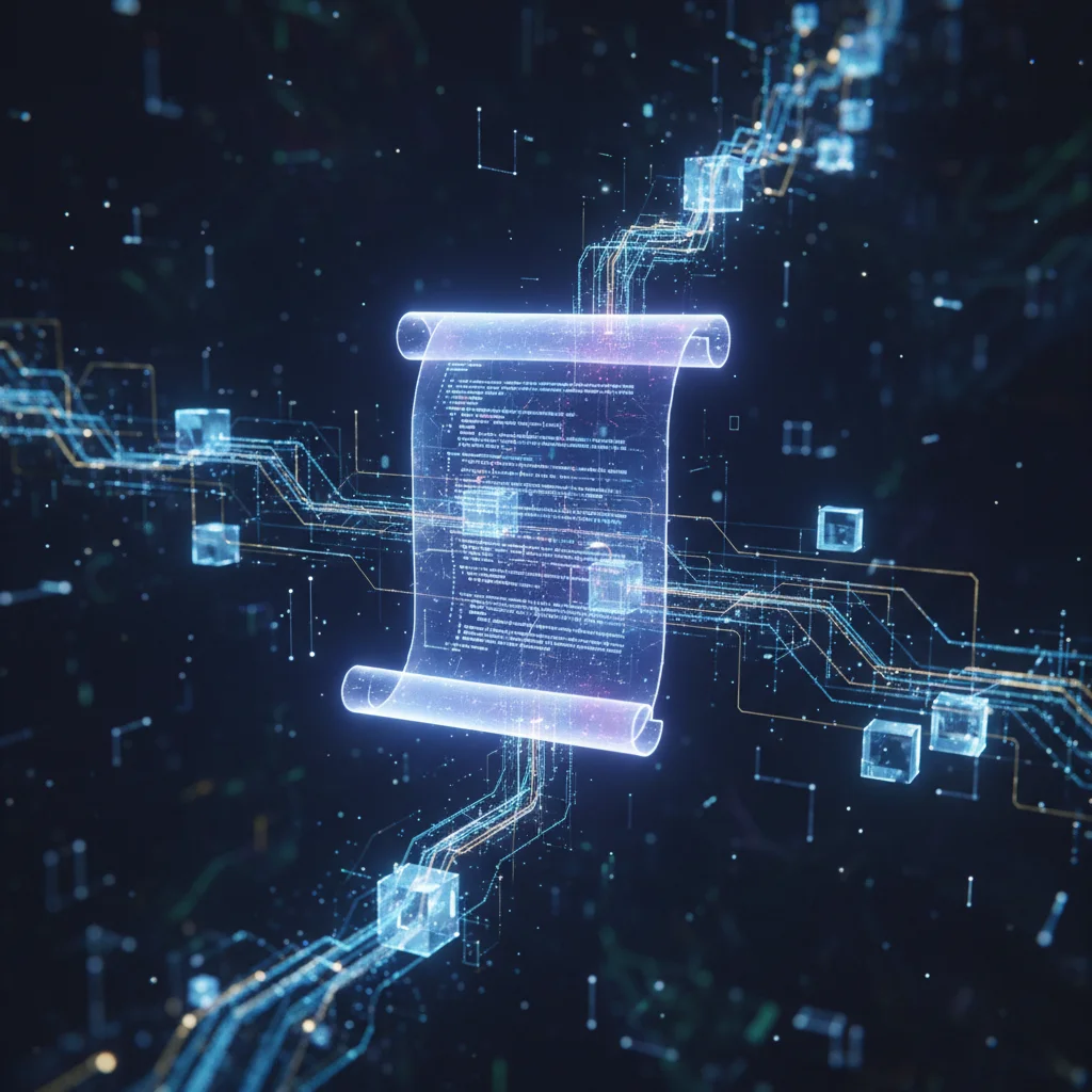 Ilustração de um contrato inteligente (smart contract) que serve como base para as regras de uma DAO.