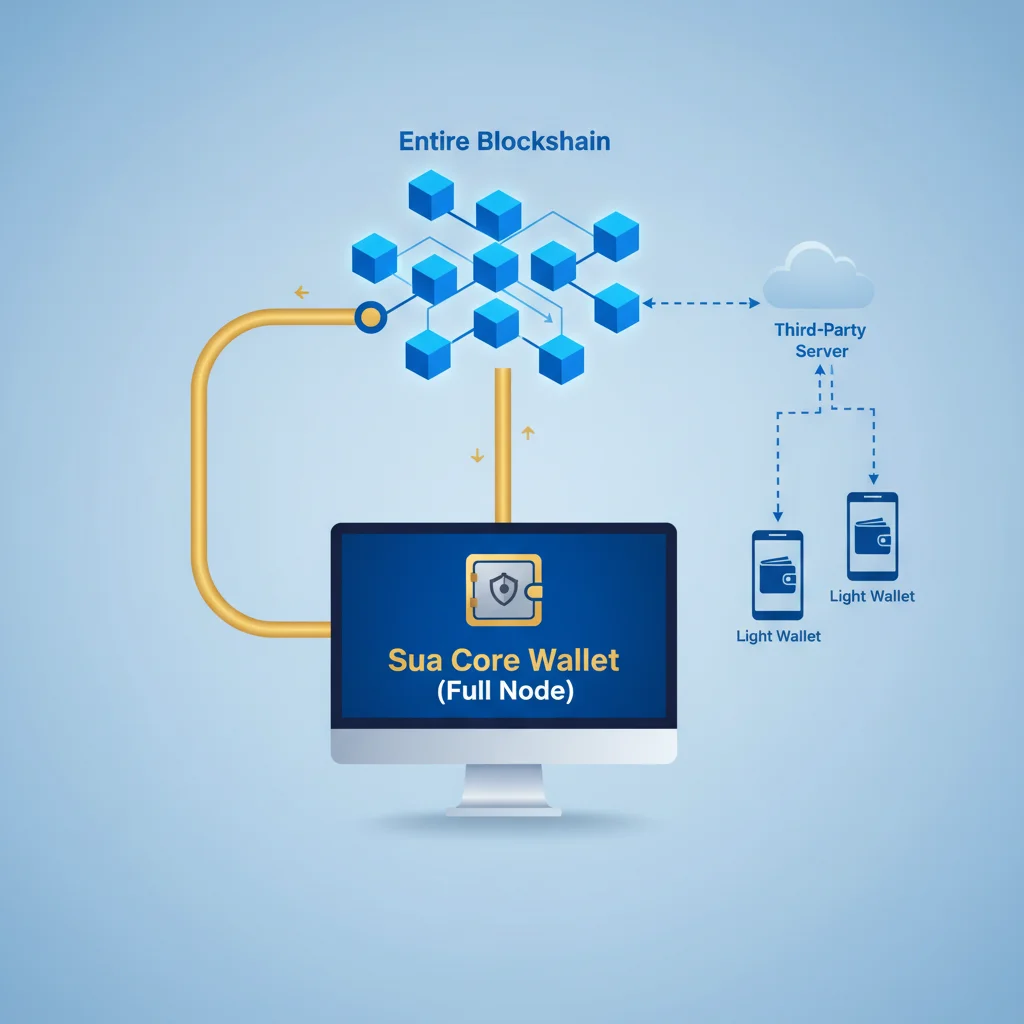 Infográfico explicando o funcionamento de uma Core Wallet, que se conecta diretamente à blockchain, em comparação com uma Light Wallet, que usa um servidor de terceiro.