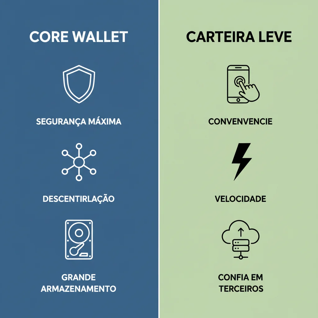 Tabela comparativa entre uma Core Wallet, destacando segurança e descentralização, e uma Carteira Leve, destacando conveniência e rapidez.
