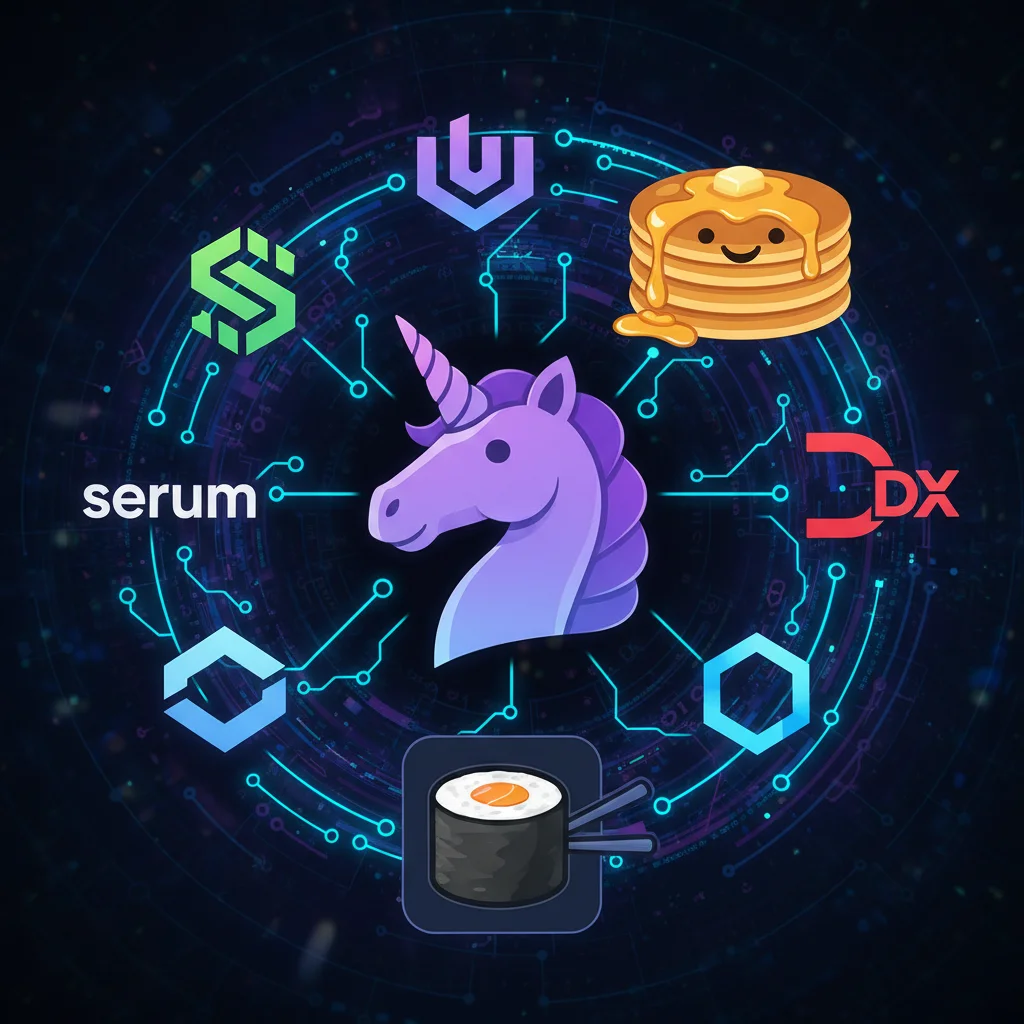 Logotipos das corretoras descentralizadas mais populares, como Uniswap, PancakeSwap e SushiSwap.