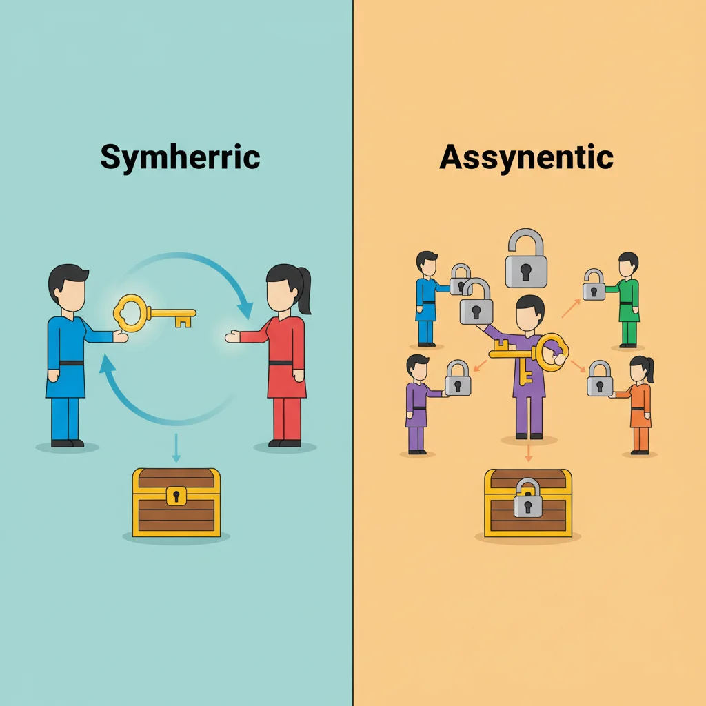 Comparativo visual entre criptografia simétrica, com uma única chave, e criptografia assimétrica, com um par de chaves (pública e privada).
