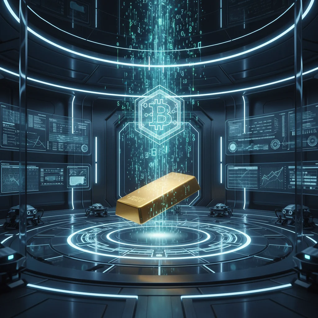Ilustração de uma barra de ouro física conectada a um token digital, representando uma criptomoeda lastreada em ouro.
