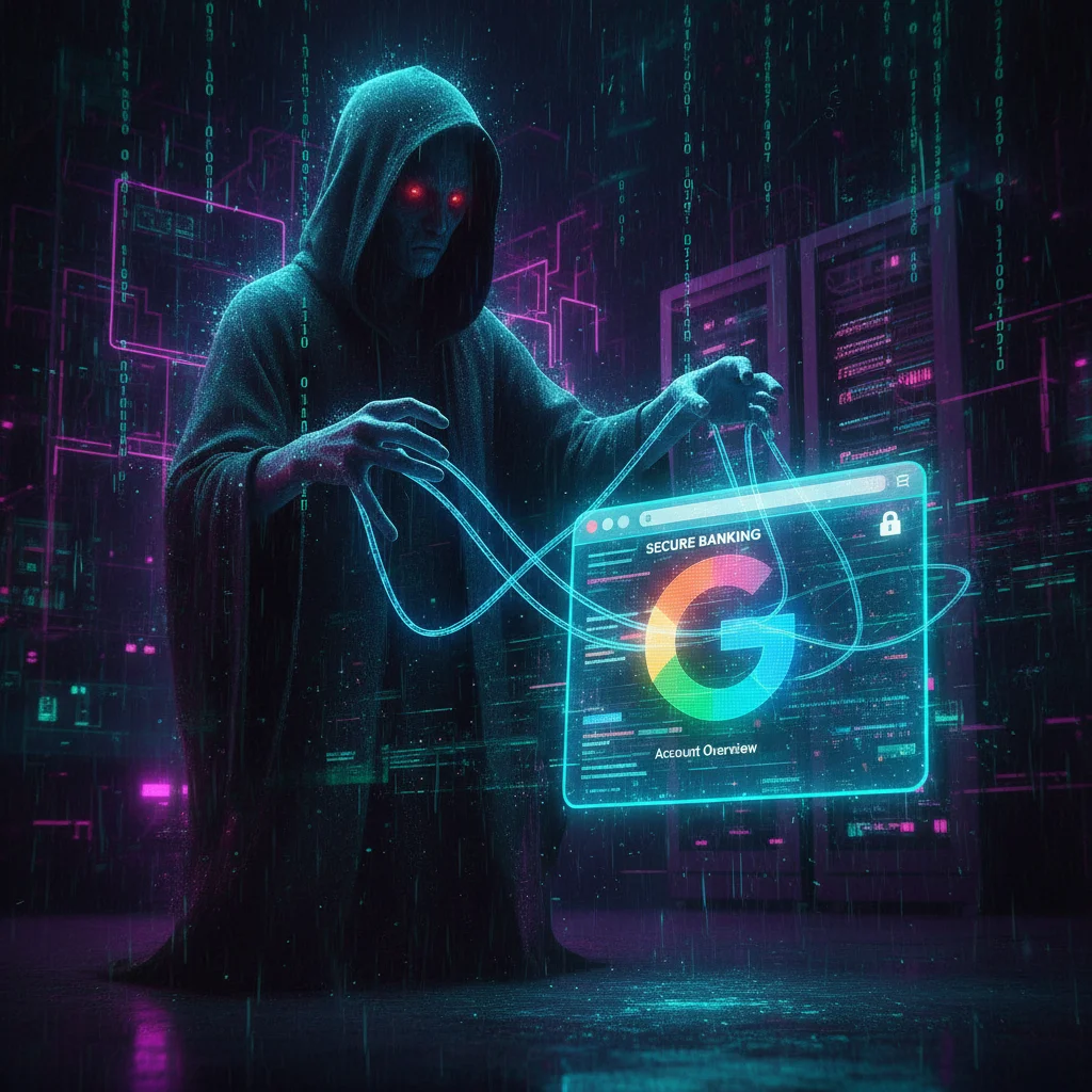 Ilustração conceitual de um ataque Cross-Site Request Forgery (CSRF), mostrando um invasor fantasmagórico manipulando as ações de um navegador de internet que está conectado a um site de banco, sem o conhecimento do usuário.