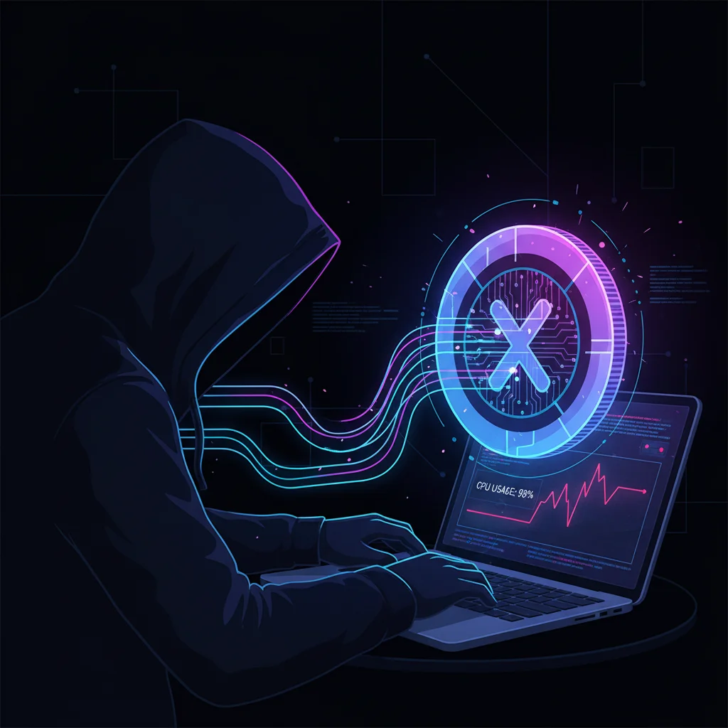 Ilustração de um hacker roubando poder de processamento de um computador para minerar criptomoedas.