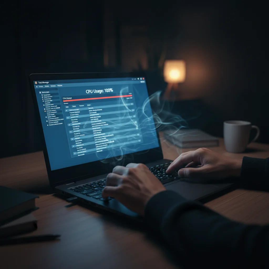 Computador superaquecendo com o uso da CPU em 100%, um sinal clássico de cryptojacking.