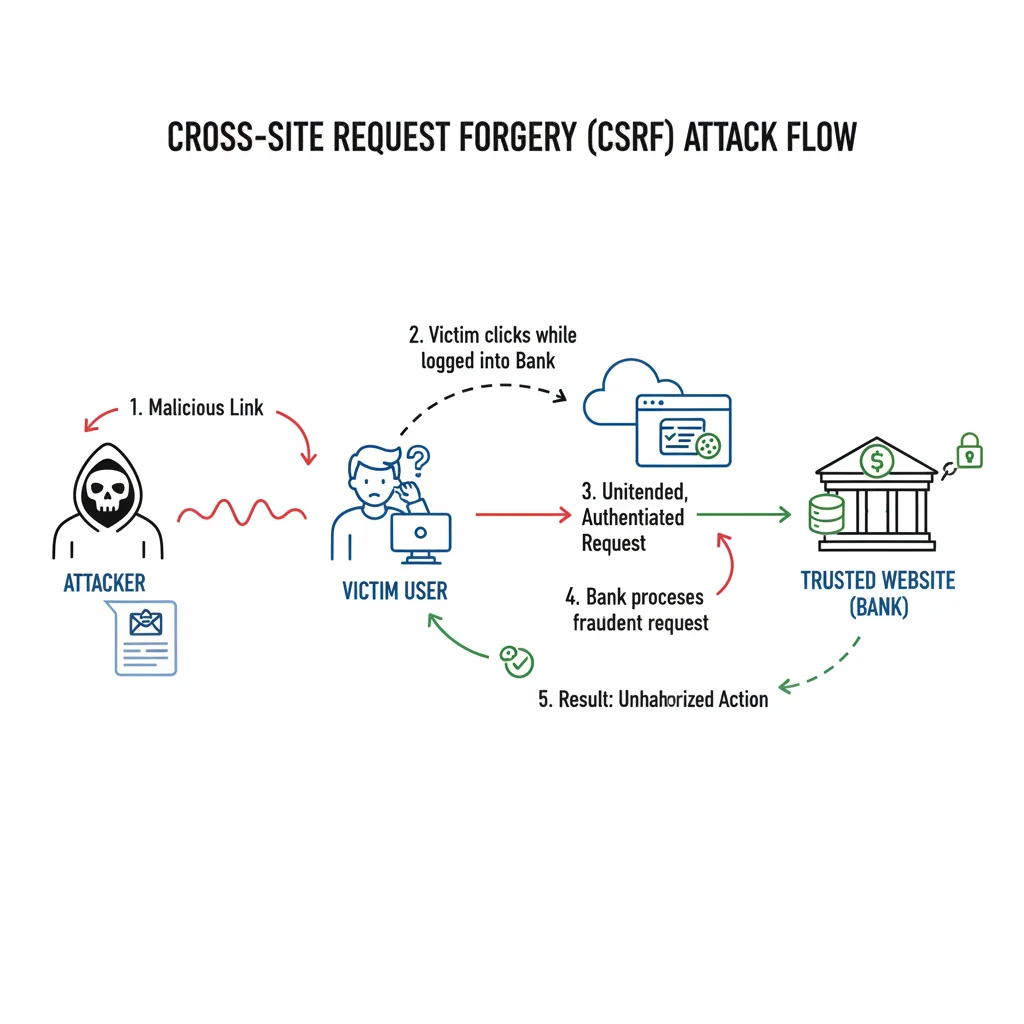Diagrama explicando o funcionamento de um ataque CSRF, mostrando a interação entre o atacante, a vítima e o site alvo.
