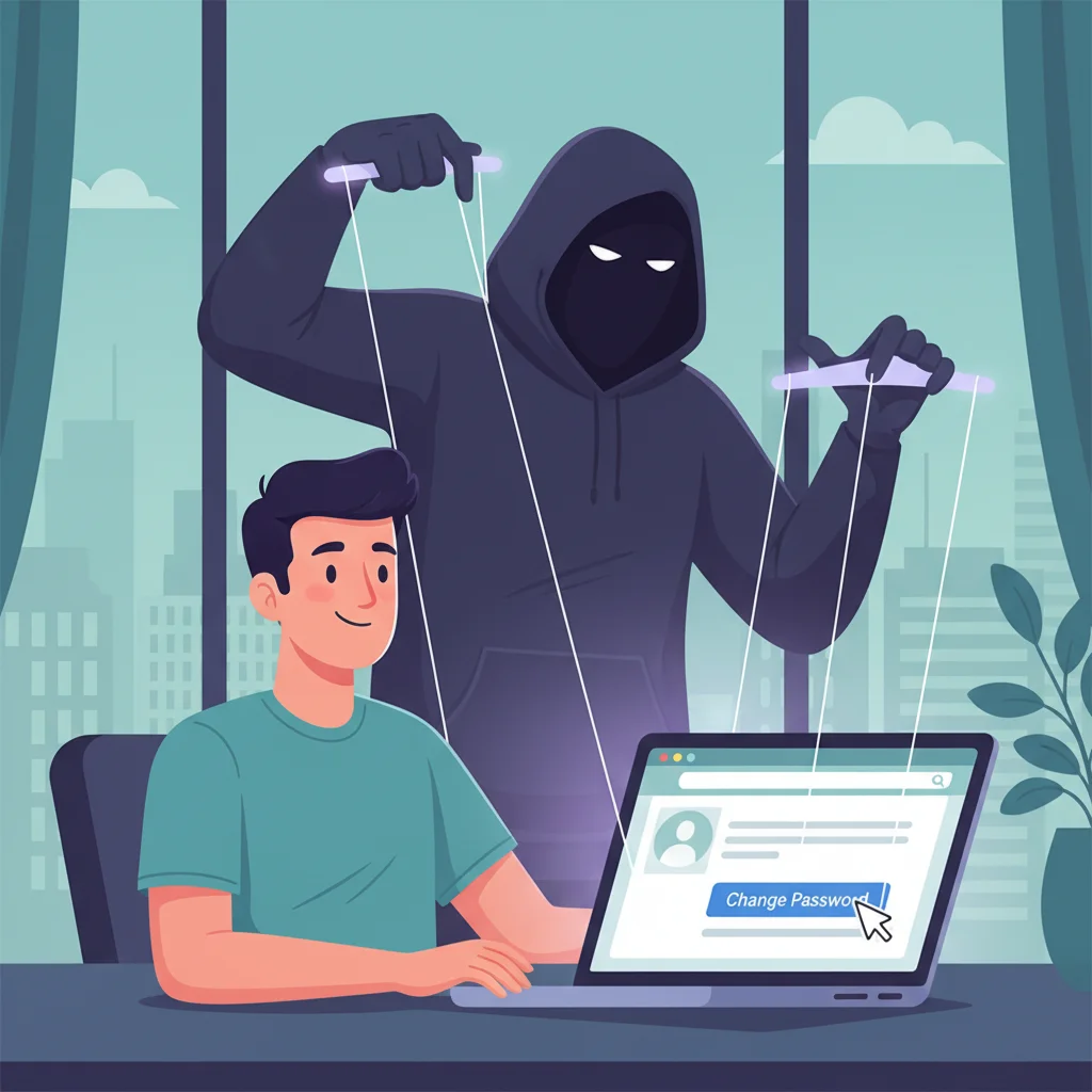 Ilustração de um hacker manipulando as ações de um usuário em um site, exemplificando um ataque de CSRF para alterar uma senha.
