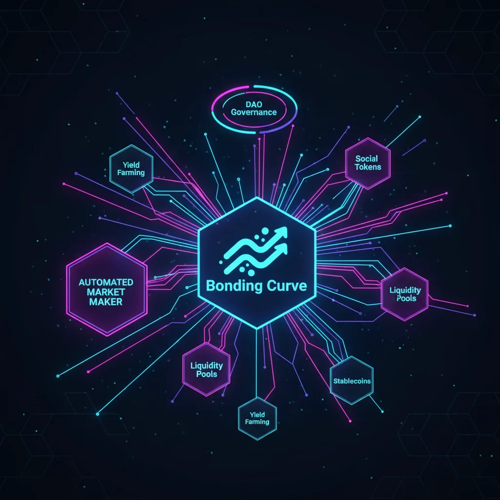 Diagrama conceitual mostrando as aplicações da Curva de Ligação em DeFi, DAOs e tokens sociais.