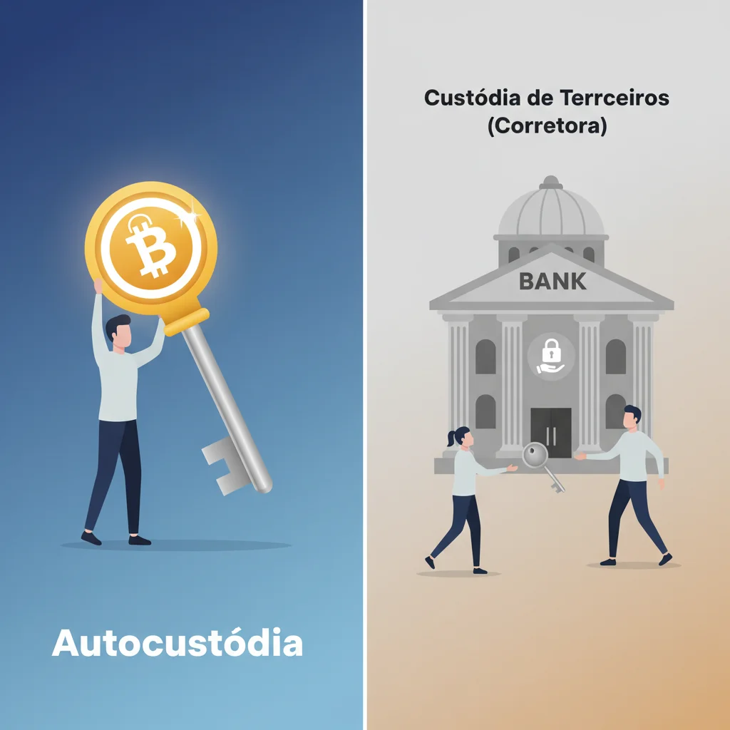 Ilustração comparando autocustódia, onde o usuário segura sua própria chave, com custódia de terceiros, onde a chave é entregue a uma corretora.
