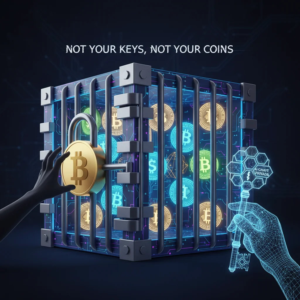 Mão segurando uma chave privada em frente a um cofre digital seguro com criptomoedas, ilustrando o conceito 'Not your keys, not your coins'.