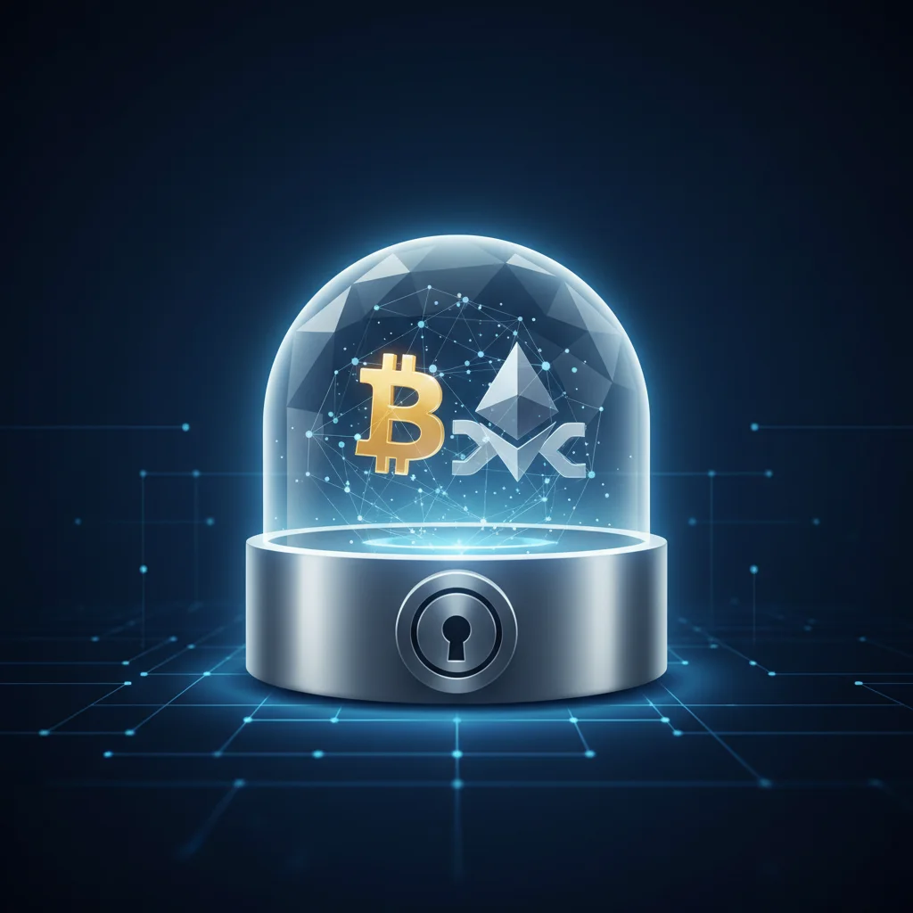 Ilustração de um cofre digital futurista guardando com segurança os símbolos do Bitcoin e Ethereum.