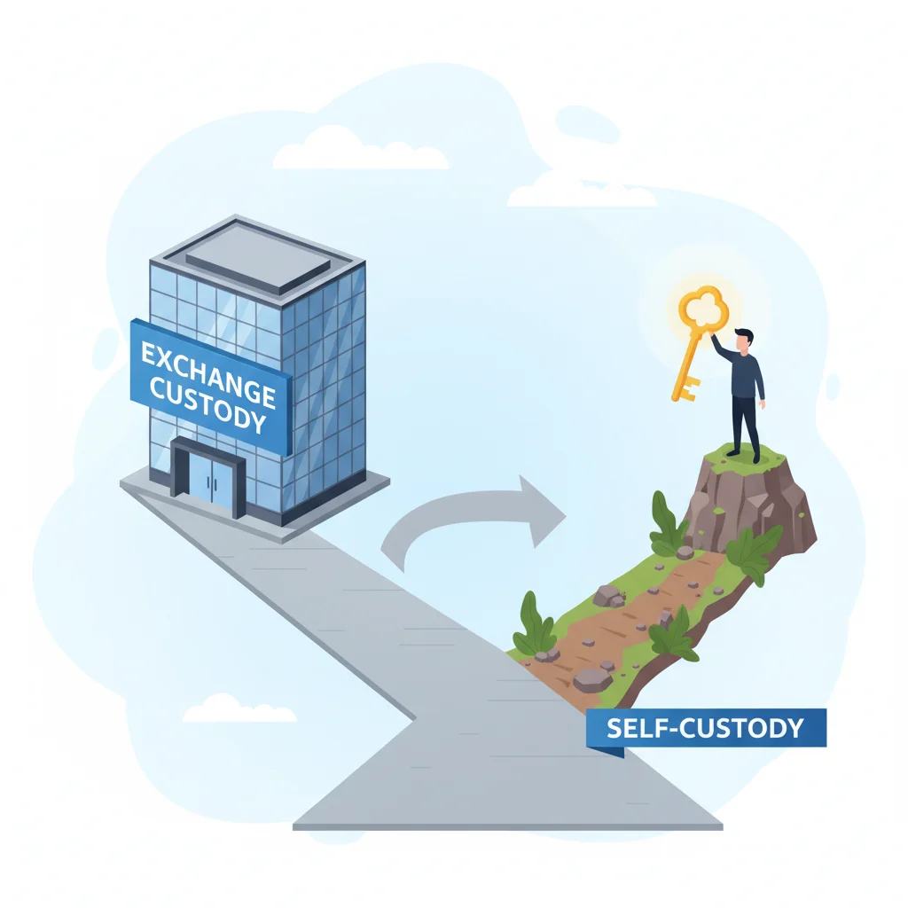 Comparativo visual entre a custódia em corretora (um caminho fácil para um prédio) e a autocustódia (um caminho onde a pessoa segura sua própria chave).