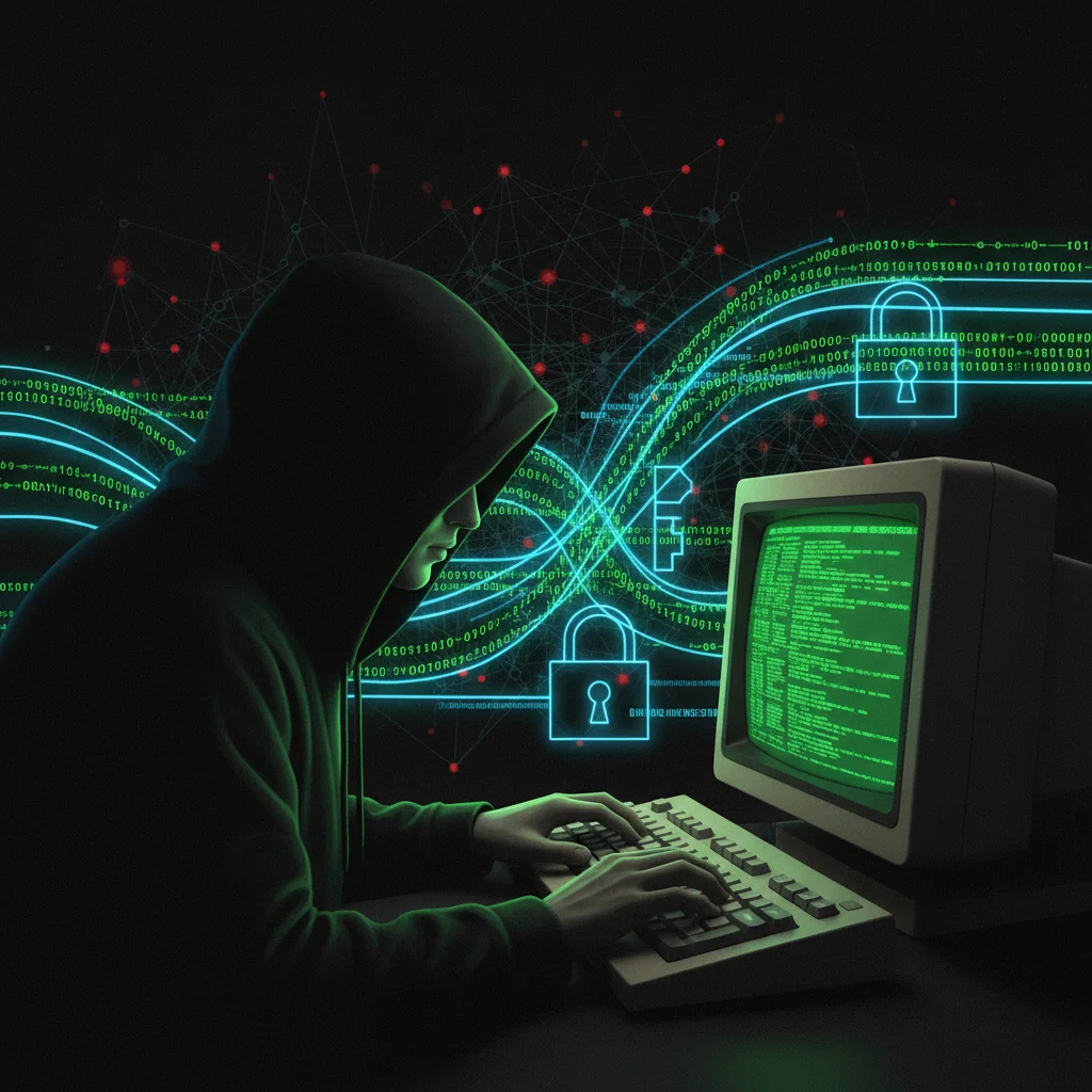 Ilustração simbólica do movimento Cypherpunk com uma figura anônima programando em um computador antigo.