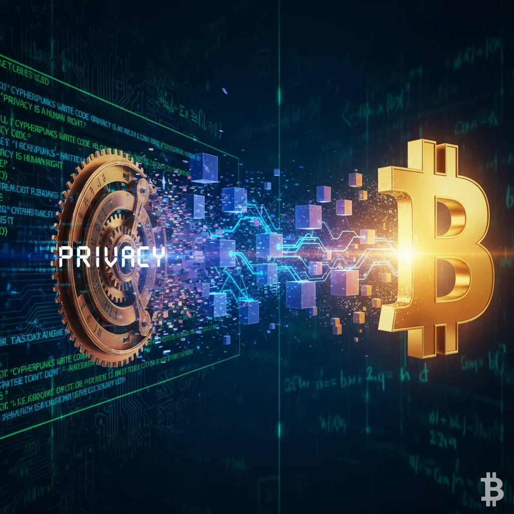 Representação visual da filosofia Cypherpunk evoluindo para a rede descentralizada do Bitcoin.