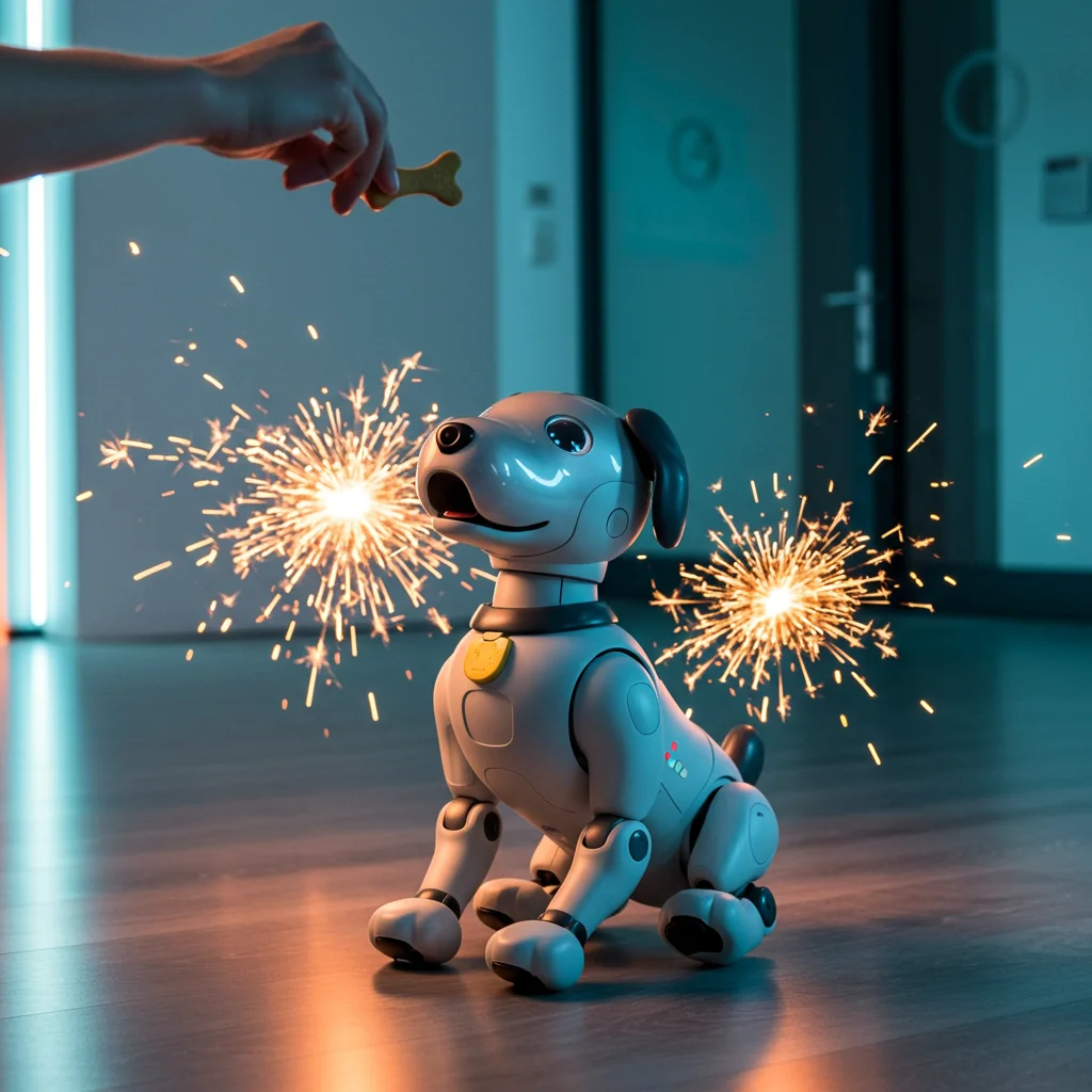 Um robô em formato de cachorro aprendendo um truque com aprendizagem por reforço. Ele está sentado, com um petisco sendo oferecido acima de sua cabeça, em uma sala moderna e iluminada. Faíscas de luz cercam o cão, simbolizando aprendizado e reforço.