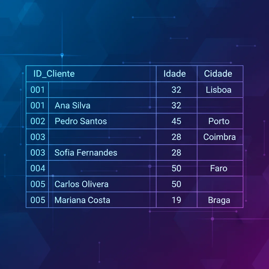 Exemplo de tabela de dados estruturados, com colunas para ID, Nome, Idade e Cidade, mostrando como a informação é organizada.