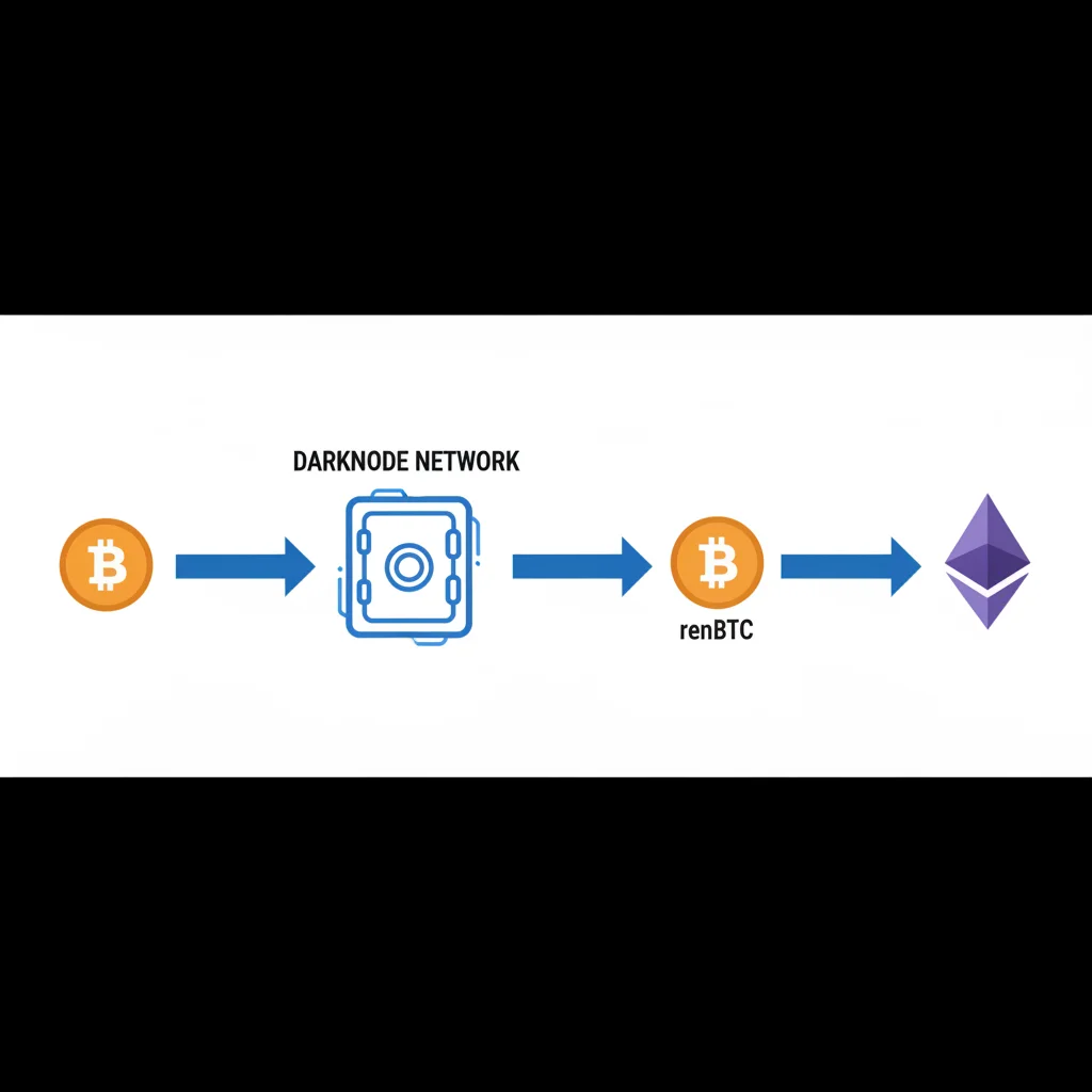 Diagrama explicando como os Darknodes convertem Bitcoin (BTC) em renBTC na rede Ethereum.
