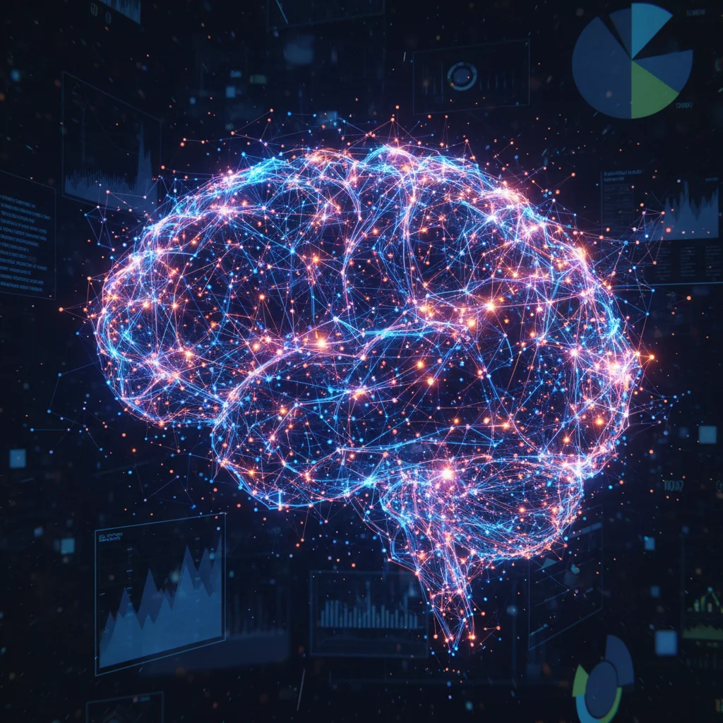Visualização abstrata de uma rede de dados complexa, onde pontos de luz se conectam formando um cérebro digital, ilustrando o conceito de Data Science.