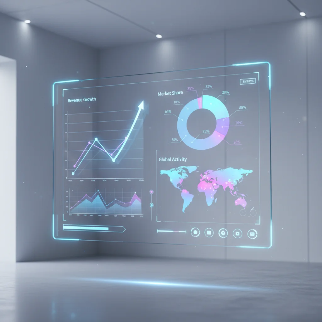 Gráfico de painel de controle interativo exibindo diversas visualizações de dados, como um gráfico de linhas ascendente e um mapa de calor.