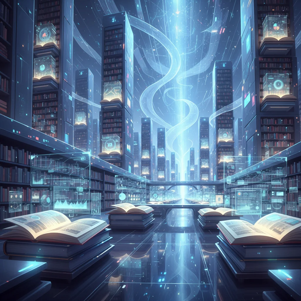 Ilustração futurista de uma biblioteca digital representando o conceito de Datasets. Livros brilhantes em prateleiras flutuantes simbolizam diversos conjuntos de dados para inteligência artificial.