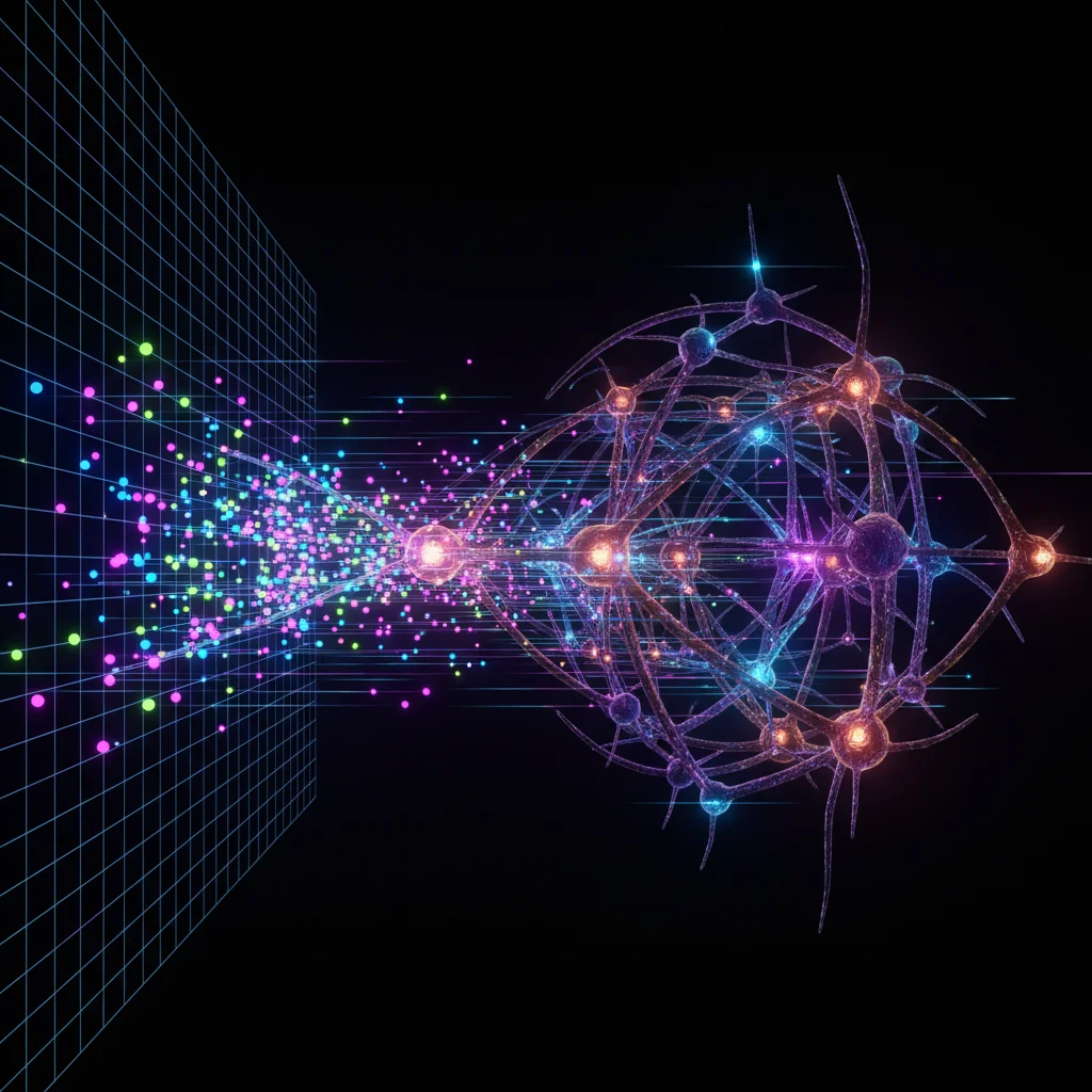 Visualização abstrata de uma rede neural sendo alimentada com dados. Pontos de luz fluem de uma grade organizada para um cérebro digital interconectado.